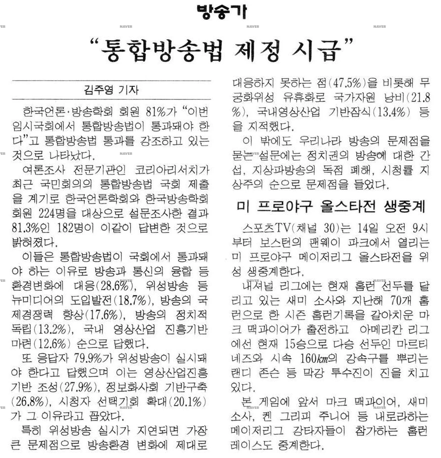 통합방송법 관련 학회원 대상 설문조사 보도 — 매일경제 · 1999-07-14 (이미지 2)